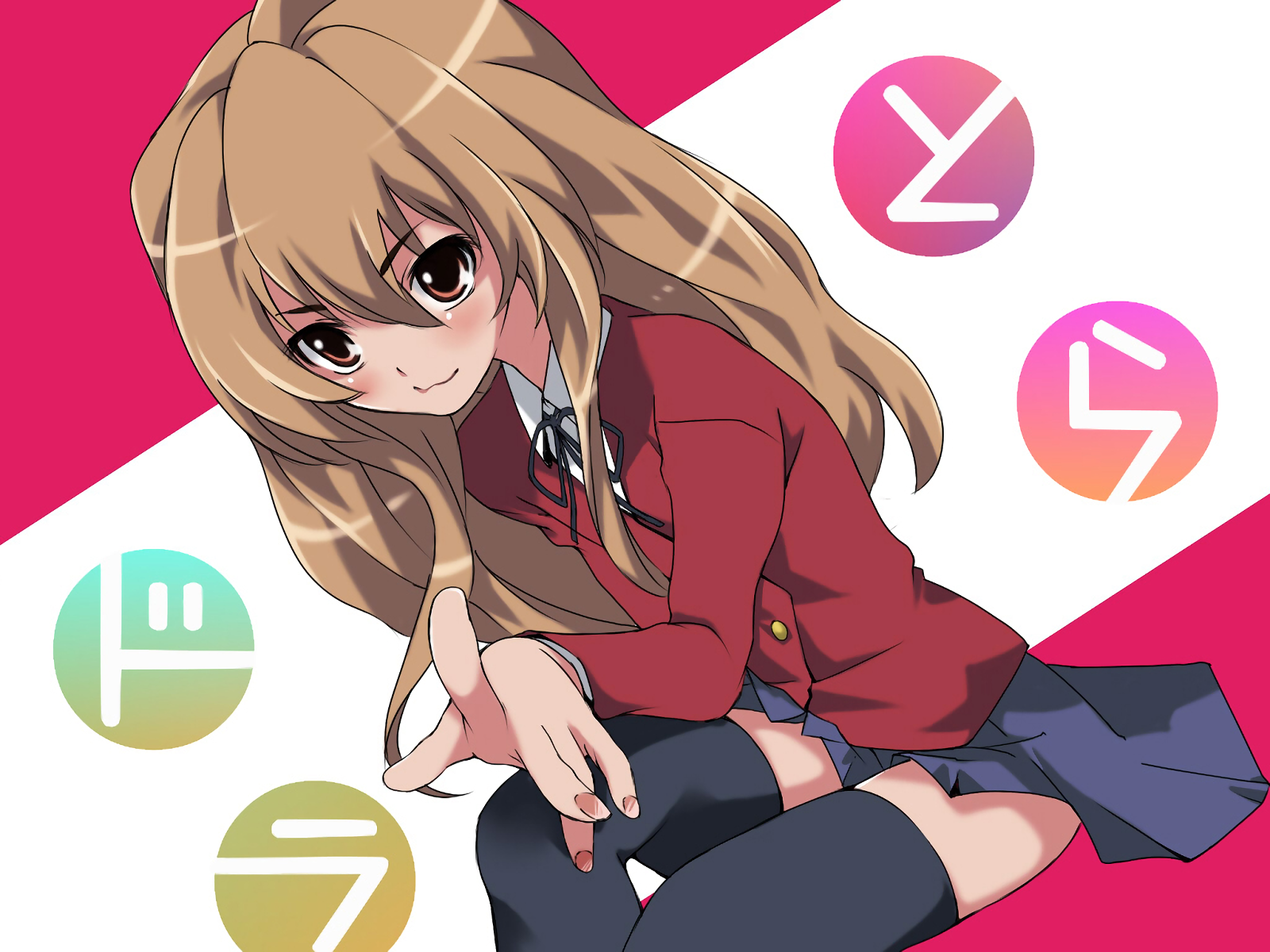 HD PC desktop wallpaper featuring an anime character from Toradora! with long blonde hair, a red school uniform, and colorful stylized symbols in the background.