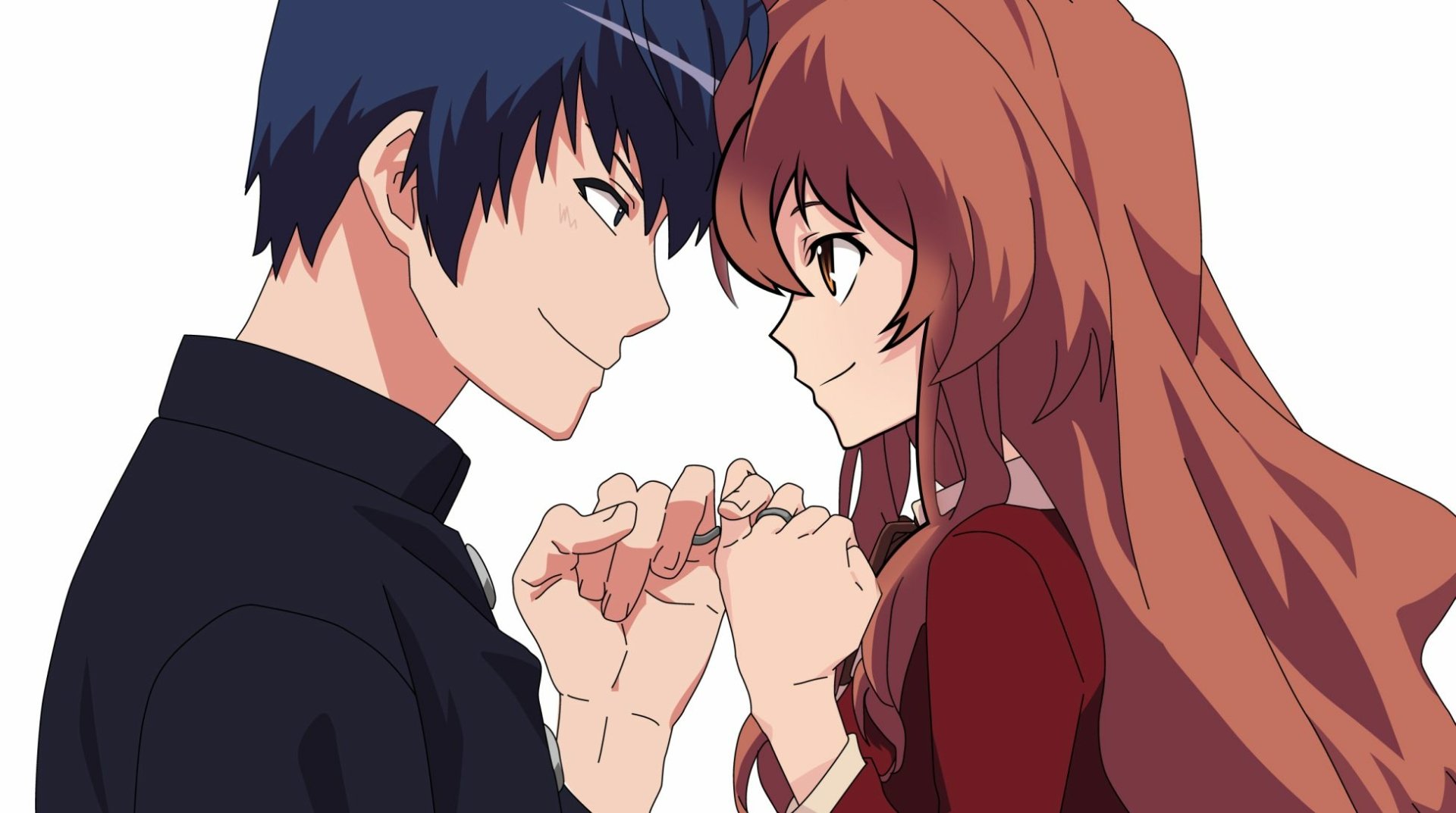 A vibrant HD desktop wallpaper featuring characters from the anime Toradora! as they share a moment, clasping hands and smiling at each other.