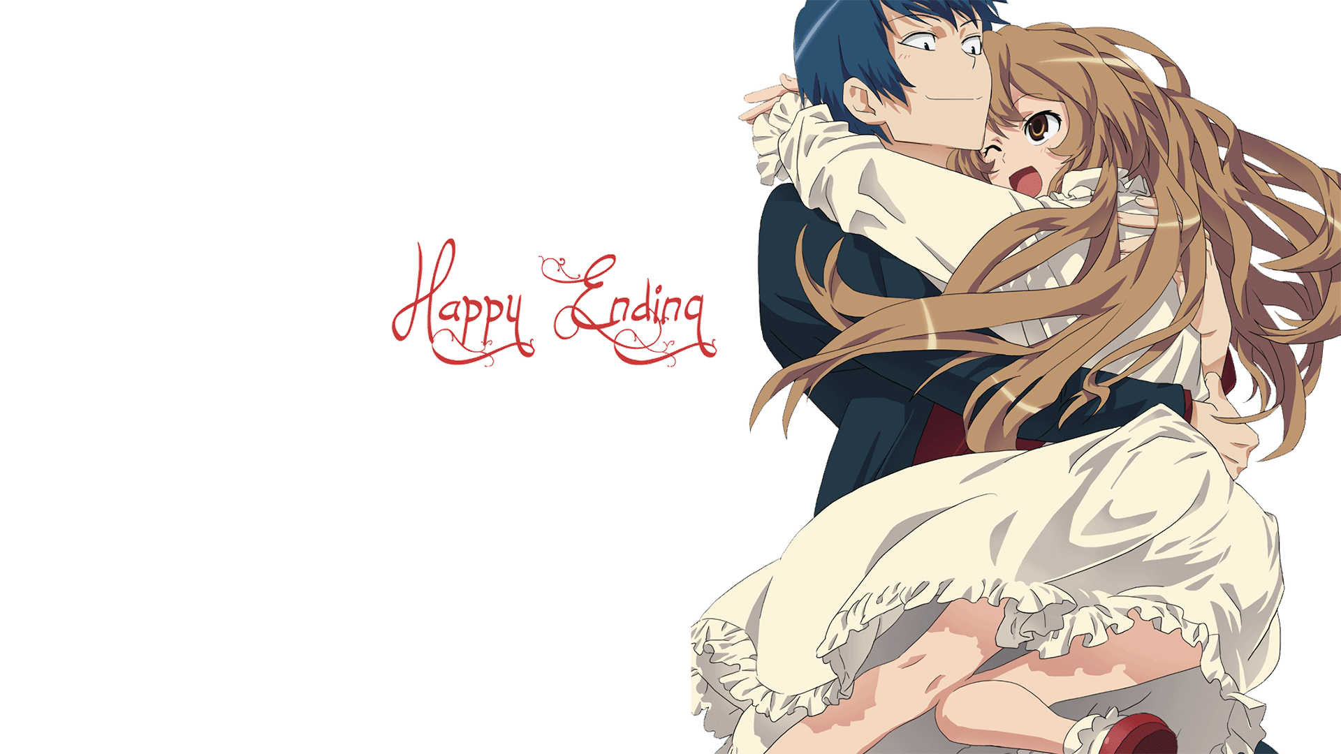 HD PC desktop wallpaper featuring anime characters from Toradora! with a romantic embrace and the words Happy Ending on a clean white background.