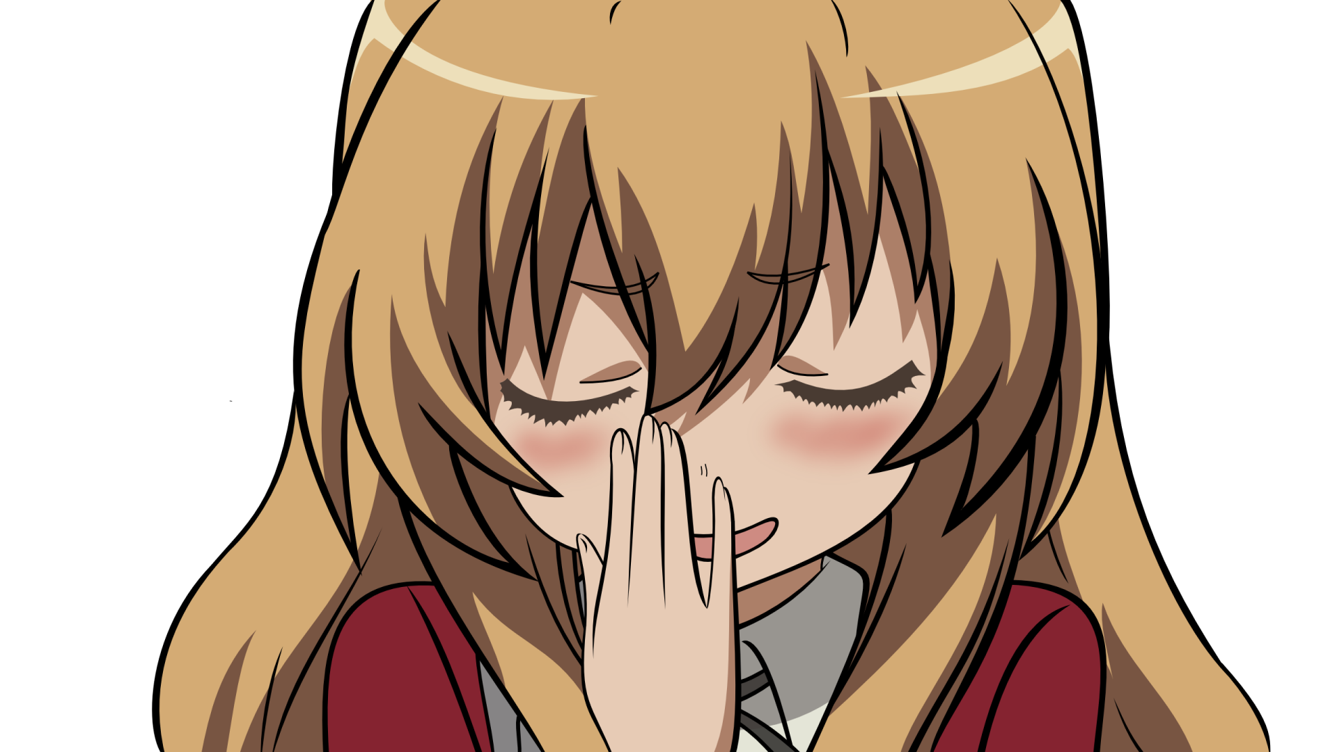 Taiga Aisaka from Toradora! blushing with hand to her mouth, eyes closed in a shy smile — 2K Quad HD anime PC desktop wallpaper background.