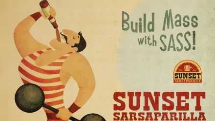 Sunset Sarsaparilla poster-style HD PC wallpaper from the Fallout video game Fallout: New Vegas, featuring a striped-vest strongman drinking a bottle and the slogan Build Mass with SASS!