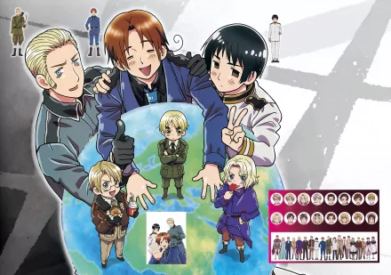 Anime HD desktop wallpaper featuring characters from Hetalia Axis Powers gathered around a globe with a subtle cross background.