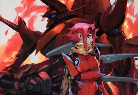 HD desktop wallpaper of Kallen Kōzuki from Code Geass, featuring her in a red outfit with a mecha in the background amidst fiery elements.