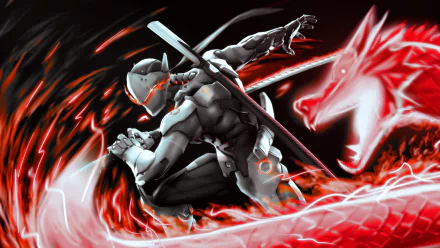 Genji from Overwatch, depicted in a dynamic action pose with vivid red and black colors, accompanied by ethereal dragon imagery. This HD wallpaper captures the essence of the popular video game.