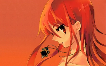 Anime-inspired HD wallpaper featuring a character from Shakugan No Shana, highlighting her striking red hair against a warm orange backdrop.