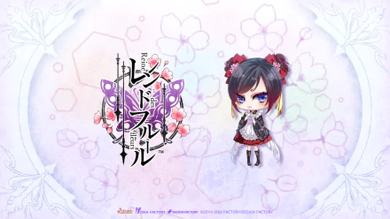 HD PC desktop wallpaper — chibi anime Reine des Fleurs girl in gothic-lolita outfit, surrounded by blossoms and decorative logo on a pastel floral background.