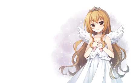A beautiful HD desktop wallpaper featuring Taiga Aisaka from the anime Toradora!, depicted with angel wings and a serene expression, set against a soft, dreamy background.