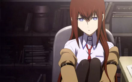 Kurisu Makise from Steins;Gate is depicted in this HD anime wallpaper, sitting thoughtfully in an office filled with books and equipment, exuding a contemplative atmosphere.