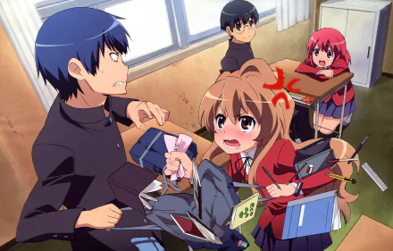 Anime HD desktop wallpaper featuring Yusaku Kitamura, Minori Kushieda, Taiga Aisaka, and Ryuuji Takasu from Toradora! in a lively classroom scene.