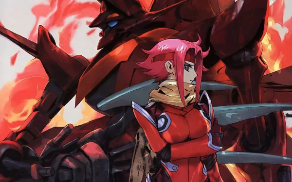 HD desktop wallpaper of Kallen Kōzuki from Code Geass, featuring her in a red outfit with a mecha in the background amidst fiery elements.