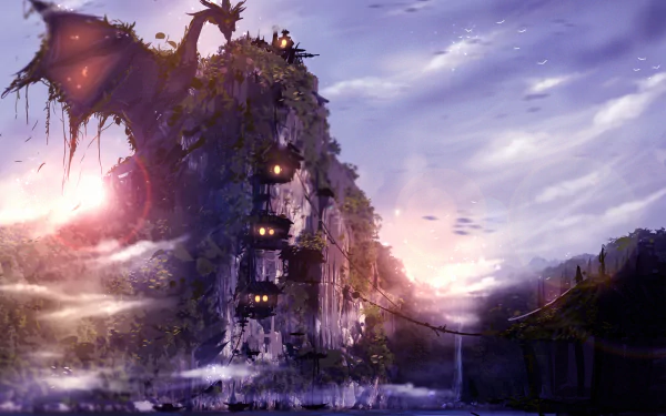 A stunning HD fantasy wallpaper featuring a majestic dragon perched on a lush, misty cliff, with ethereal light and distant structures enhancing the enchanting atmosphere.