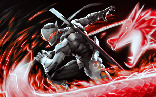 Genji from Overwatch, depicted in a dynamic action pose with vivid red and black colors, accompanied by ethereal dragon imagery. This HD wallpaper captures the essence of the popular video game.