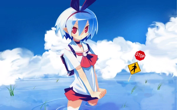 HD PC desktop wallpaper featuring a blue-haired anime character from the video game Disgaea standing in a reflective water scene with road signs under a bright blue sky.