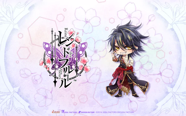 Anime HD PC desktop wallpaper: chibi Reine des Fleurs character in ornate red-black outfit with dark hair, floral purple background and decorative logo.