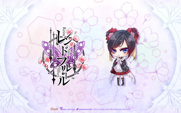 HD PC desktop wallpaper — chibi anime Reine des Fleurs girl in gothic-lolita outfit, surrounded by blossoms and decorative logo on a pastel floral background.
