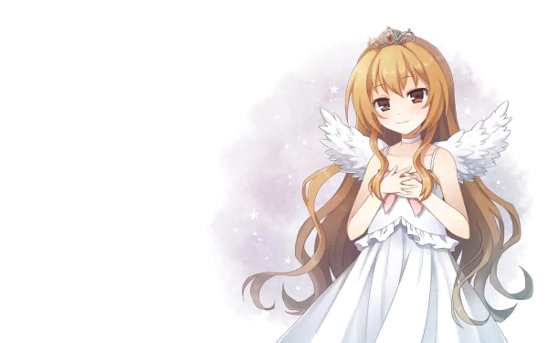 A beautiful HD desktop wallpaper featuring Taiga Aisaka from the anime Toradora!, depicted with angel wings and a serene expression, set against a soft, dreamy background.