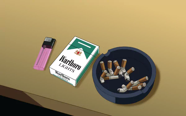 HD PC desktop wallpaper from the anime Welcome to the N.H.K.: close-up of a table with a pink lighter, a cigarette pack, and an ashtray full of cigarette butts.