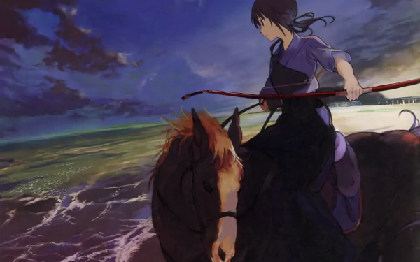 Anime-style HD PC desktop wallpaper from Tari Tari featuring a character riding a horse along a shoreline at dusk under a dramatic sky.