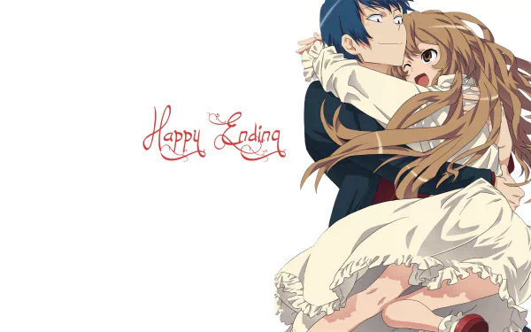 HD PC desktop wallpaper featuring anime characters from Toradora! with a romantic embrace and the words Happy Ending on a clean white background.