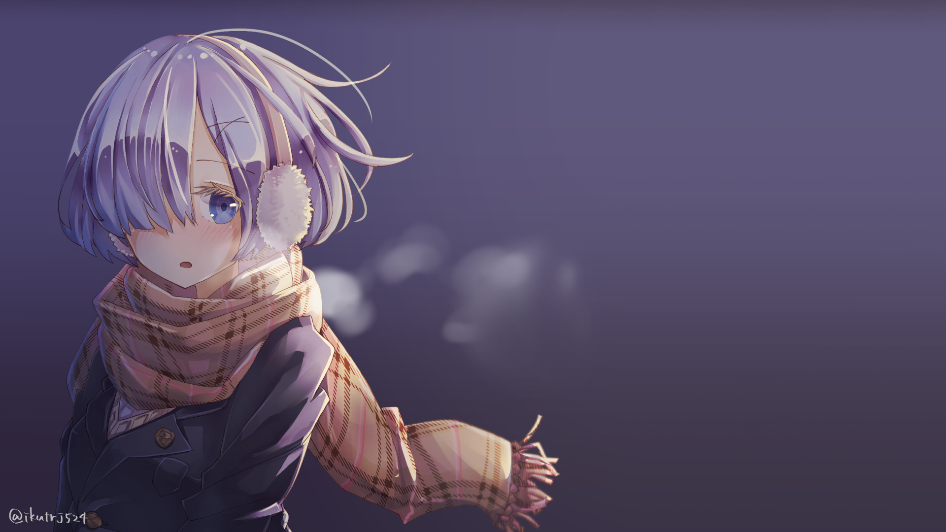 HD desktop wallpaper featuring Rem from the anime Re:Zero - Starting Life in Another World, depicted in a winter setting with earmuffs and a cozy plaid scarf, against a blurred, dusky background.