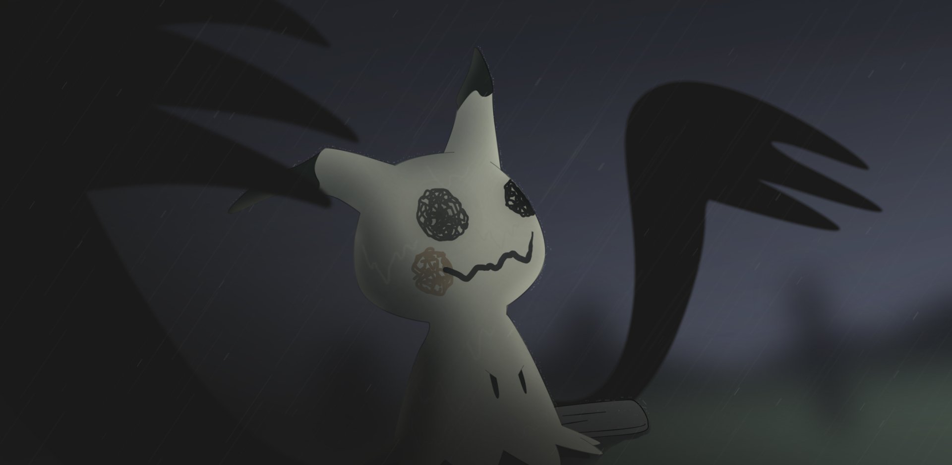 HD PC desktop wallpaper featuring Mimikyu from Pokémon Sun and Moon with dark, shadowy wings creating an eerie atmosphere in this video game-themed image.