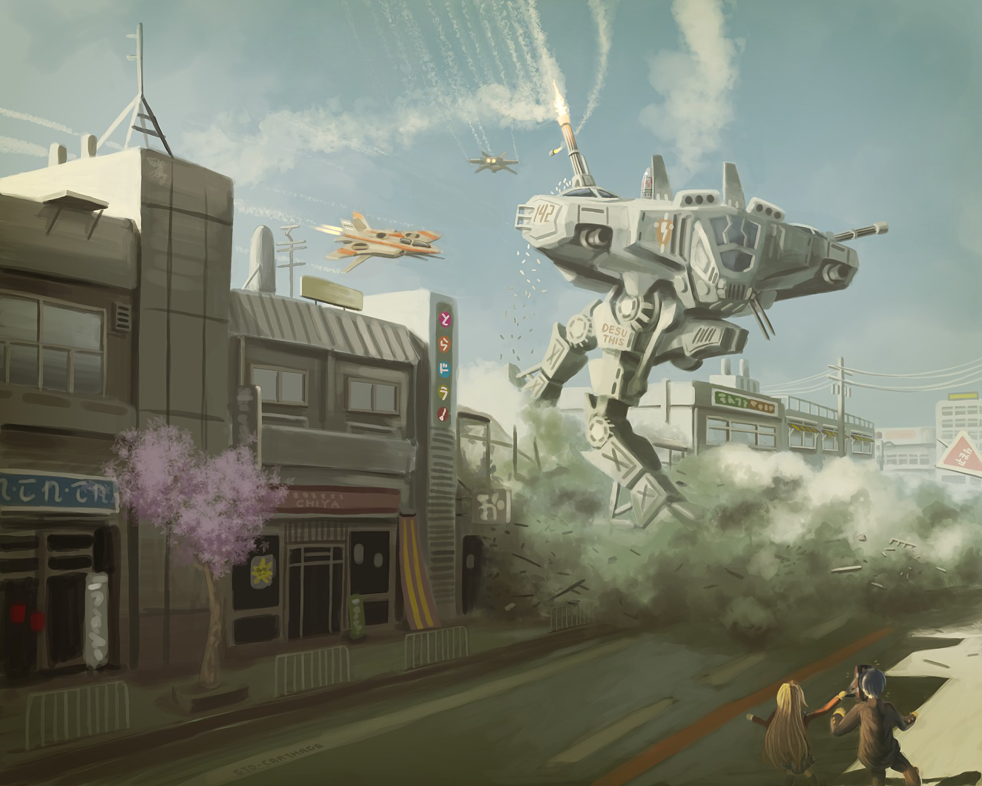 HD anime wallpaper featuring Ryuuji Takasu and Taiga Aisaka from Toradora!, set against a dramatic city scene with futuristic aircraft and a large mech.