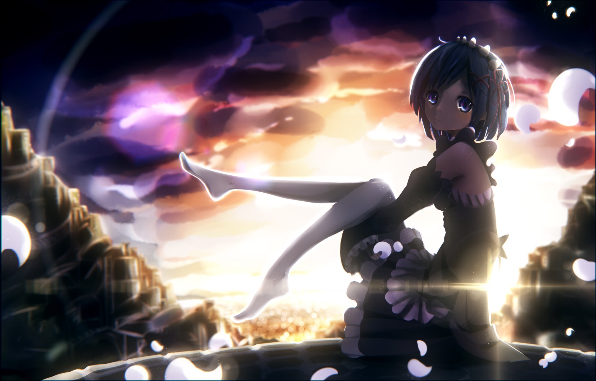 A stunning HD desktop wallpaper featuring Rem from Re:ZERO - Starting Life in Another World, set against a dramatic, colorful sunset backdrop.