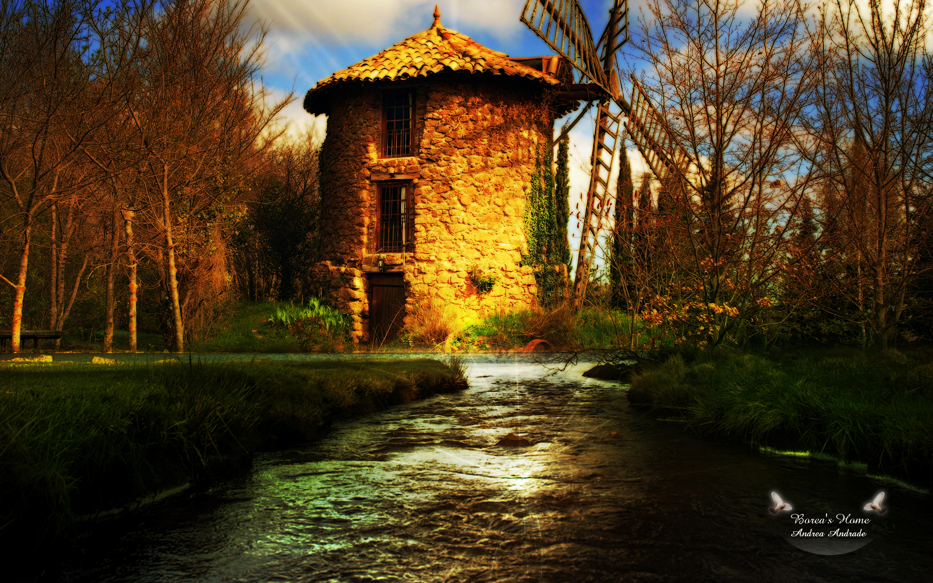 HDR artistic manipulation: stone windmill house beside a glowing stream under a dramatic sky — HD PC desktop wallpaper/background.