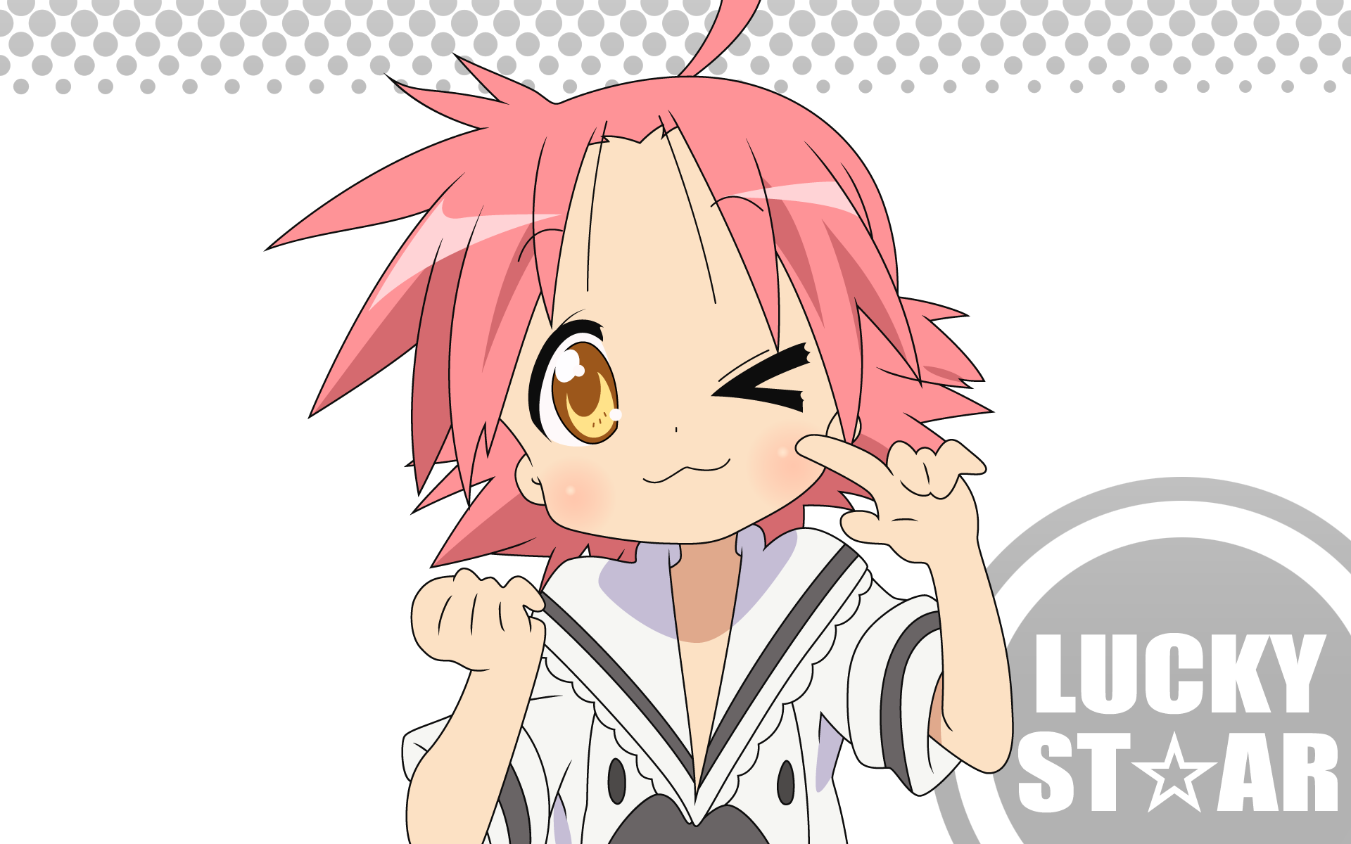 HD PC desktop wallpaper of Akira Kogami (anime Lucky Star) winking and flashing a peace sign on a white background with gray dotted accents.