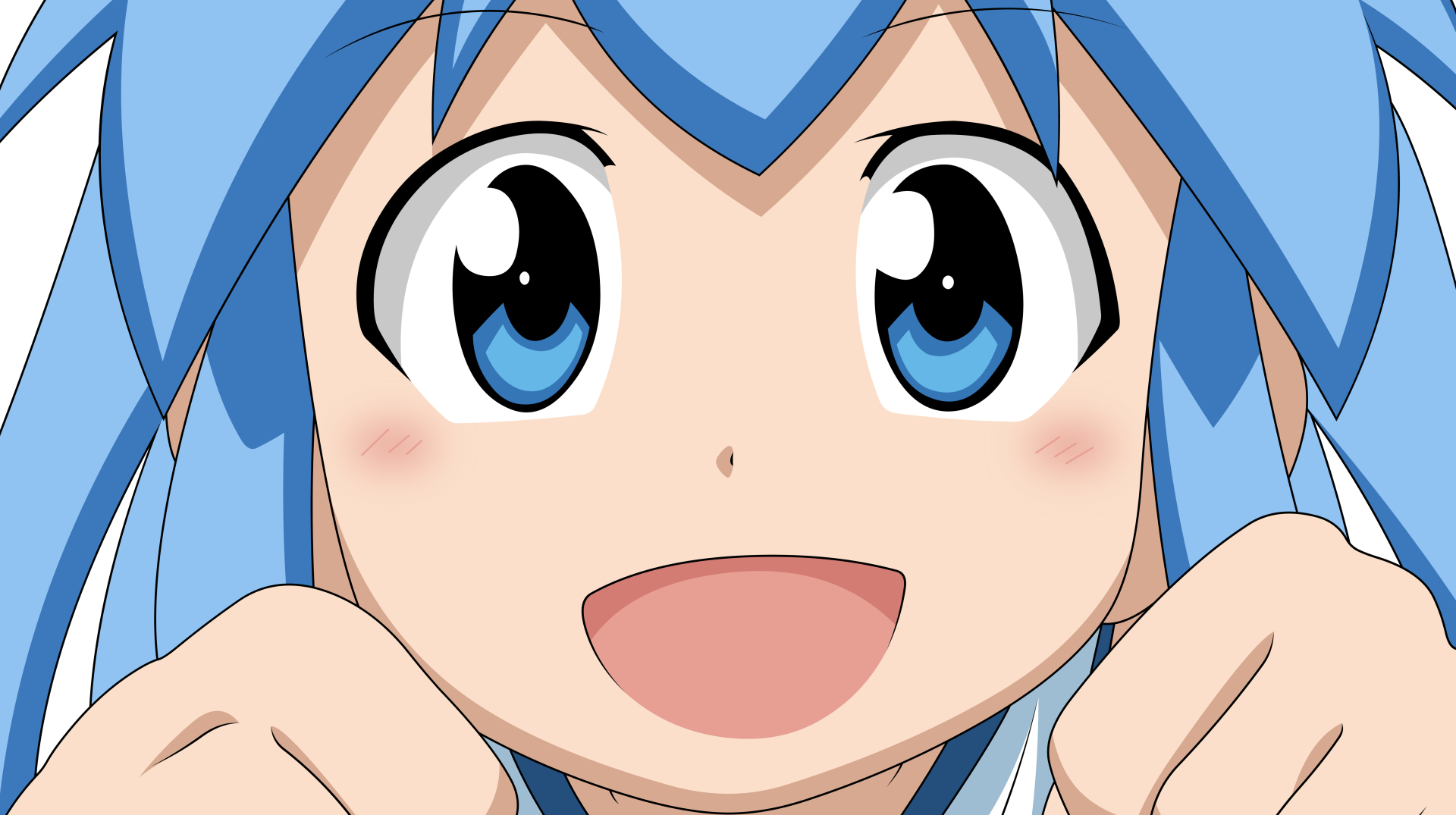 Close-up of Ika Musume, the anime Squid Girl, featuring her bright blue eyes and joyful expression in a 4K Ultra HD desktop wallpaper and background.