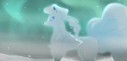 An Alolan Ninetales with blue eyes and a flowing tail stands gracefully in a snowy landscape, embodying the enchanting essence of Pokémon from Sun and Moon.