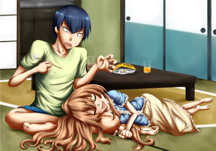 HD anime wallpaper featuring Taiga Aisaka resting with Ryuuji Takasu in a traditional Japanese room from Toradora!