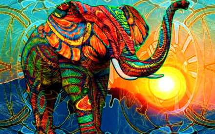 A vibrant, psychedelic elephant stands against a colorful background, featuring intricate patterns and a radiant sunset, creating a stunning fantasy landscape for an HD desktop wallpaper.