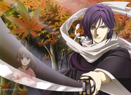 Anime scene from Hakuouki Shinsengumi Kitan features a determined purple-haired character wielding a sword, set against vibrant autumn leaves in 8K Ultra HD desktop wallpaper quality.