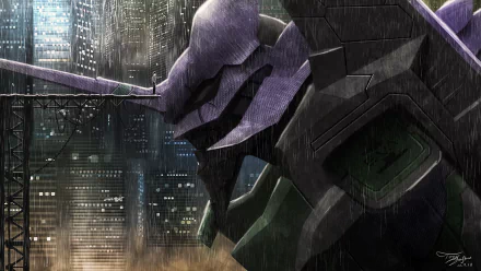 A high-definition CGI wallpaper featuring Evangelion Unit-01 standing in the rain with a cityscape backdrop, evoking the iconic anime Neon Genesis Evangelion and its character Shinji Ikari.