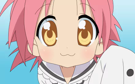 HD PC desktop wallpaper of Akira Kogami (Lucky Star): close-up of a pink-haired anime girl with large golden eyes and a sailor uniform against a pale blue background.