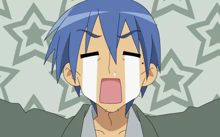 HD PC desktop wallpaper featuring Soujirou Izumi from the anime Lucky Star, shown crying dramatically with a star-patterned background.