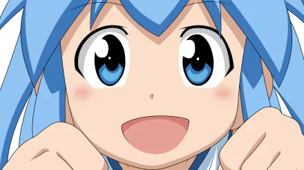 Close-up of Ika Musume, the anime Squid Girl, featuring her bright blue eyes and joyful expression in a 4K Ultra HD desktop wallpaper and background.
