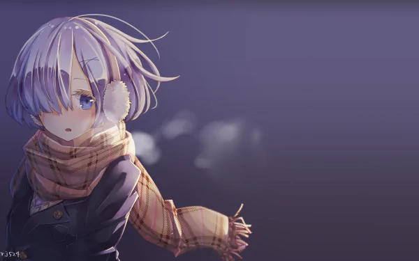 HD desktop wallpaper featuring Rem from the anime Re:Zero - Starting Life in Another World, depicted in a winter setting with earmuffs and a cozy plaid scarf, against a blurred, dusky background.