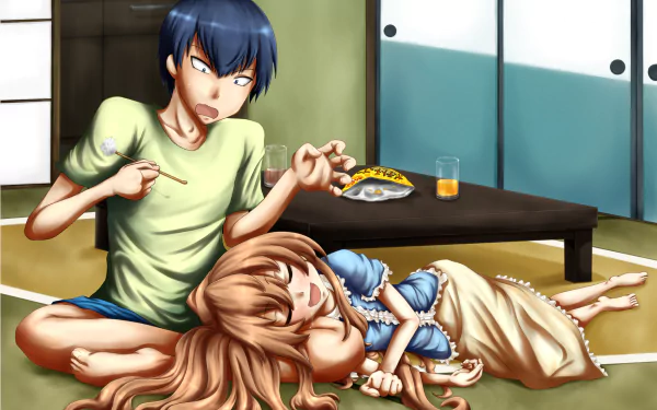 HD anime wallpaper featuring Taiga Aisaka resting with Ryuuji Takasu in a traditional Japanese room from Toradora!