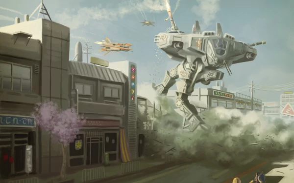 HD anime wallpaper featuring Ryuuji Takasu and Taiga Aisaka from Toradora!, set against a dramatic city scene with futuristic aircraft and a large mech.