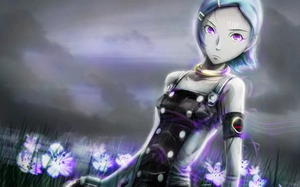 HD desktop wallpaper featuring Eureka from the anime 'Eureka Seven.' Eureka stands in a field with glowing flowers, under a moody sky.