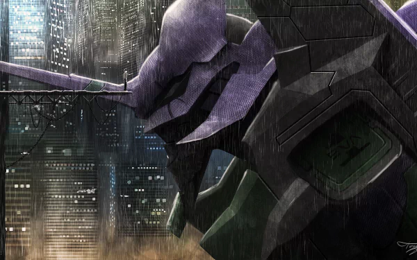 A high-definition CGI wallpaper featuring Evangelion Unit-01 standing in the rain with a cityscape backdrop, evoking the iconic anime Neon Genesis Evangelion and its character Shinji Ikari.