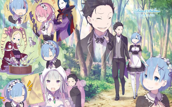 Anime Re:ZERO -Starting Life in Another World- Rem Ram Subaru Natsuki Emilia Beatrice Roswaal L. Mathers Forest Blue Hair Maid Pink Hair White Hair HD Wallpaper | Background Image
