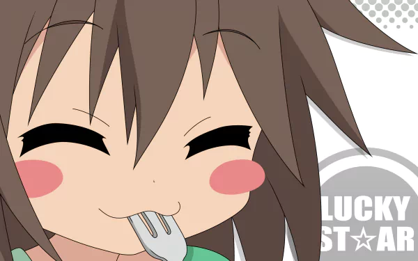 HD PC desktop wallpaper featuring Misao Kusakabe from the anime Lucky Star, depicted with a joyful expression while eating with a fork.