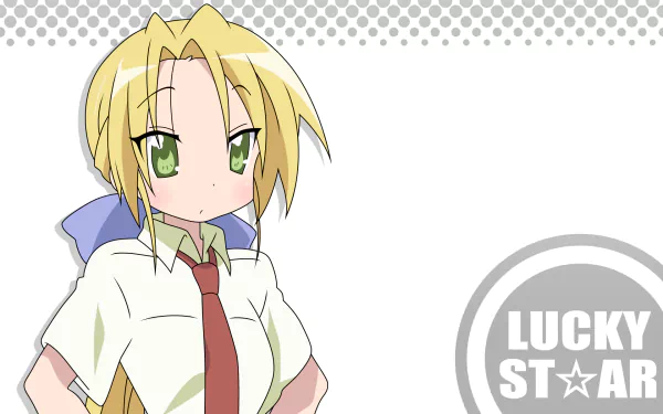 Nanako Kuroi from Lucky Star anime stands with hands on hips in her school uniform on a white background; HD PC desktop wallpaper/background with a gray Lucky Star emblem.