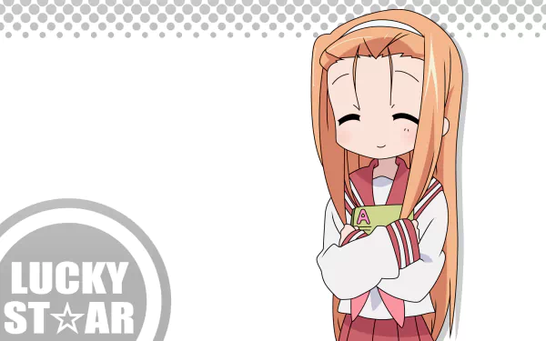 HD PC desktop wallpaper of Ayano Minegishi (Lucky Star): chibi anime girl with long orange hair, closed eyes and folded arms on a white background with a gray Lucky Star logo.