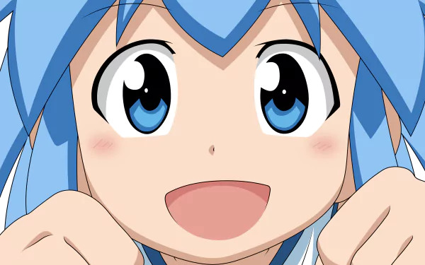 Close-up of Ika Musume, the anime Squid Girl, featuring her bright blue eyes and joyful expression in a 4K Ultra HD desktop wallpaper and background.