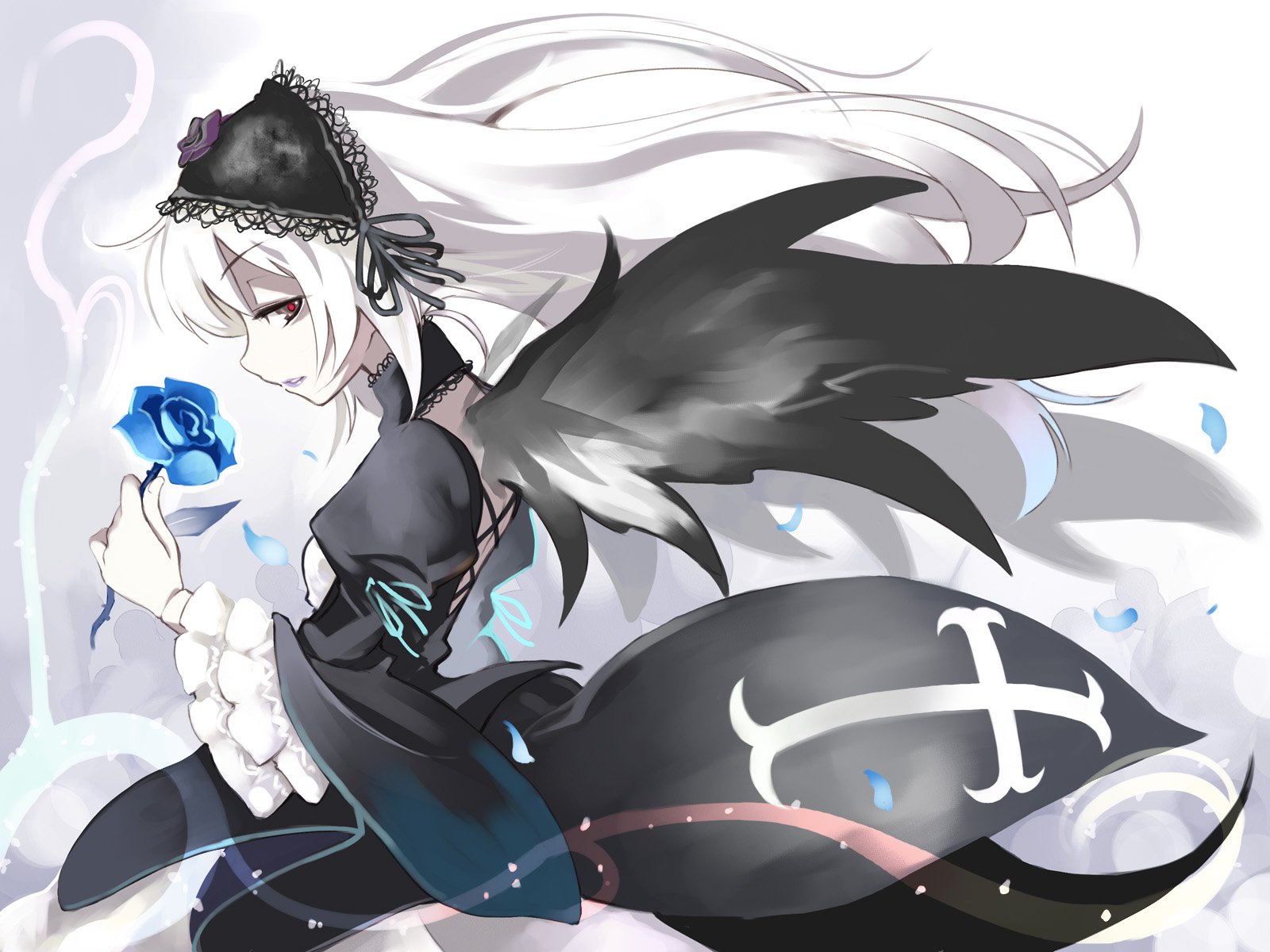 A stunning HD wallpaper featuring an anime character from Rozen Maiden, showcasing intricate details and a graceful pose with a blue rose against a soft, ethereal background.