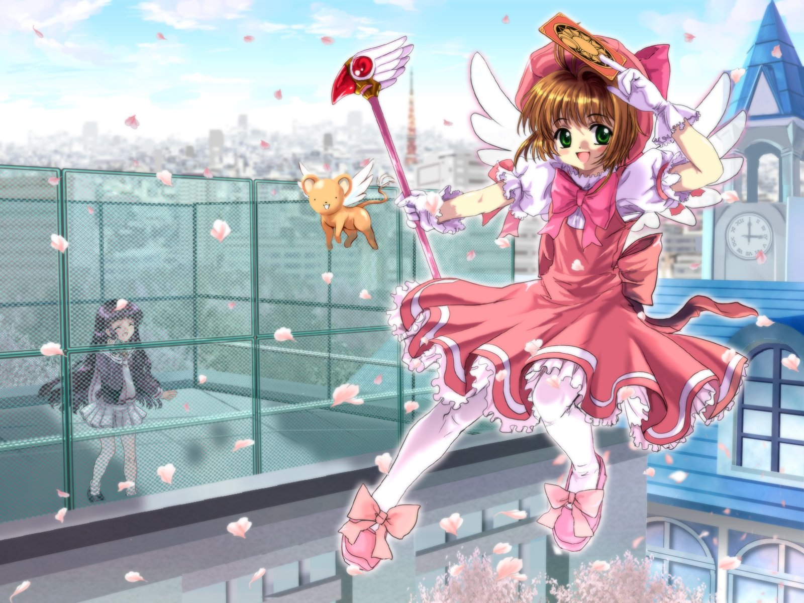 A vibrant HD wallpaper featuring Cardcaptor Sakura in a pink dress, wielding her magical staff, with cherry blossoms floating around and a cityscape in the background.